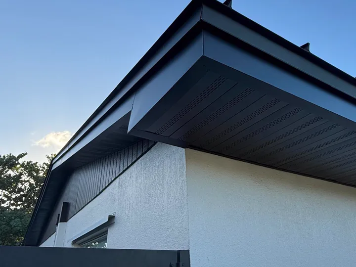 Black vented soffit and metal fascia