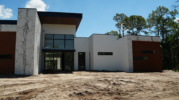 Angled front view of the modern exterior cladding project