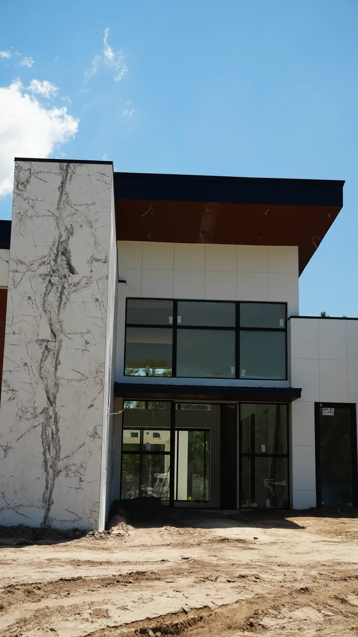 Stone-style column detail with glass line