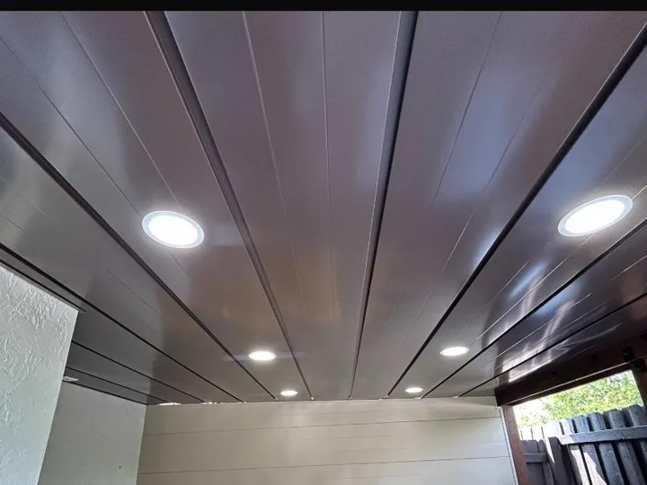 Dark soffit ceiling with recessed lights